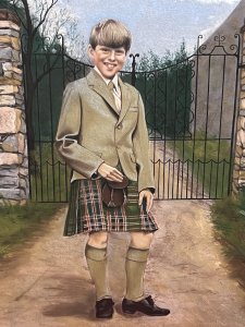 20th Century Young Master Of Inverneill House Pastel Painting Signed J Bell Circa - Dated 1973 Composition - Pastel On Artist Board Listing Description 20th Century Fine Art Pastel Artwork Of Ornate Wrought Iron Gateway View. The Young Master Of The House Standing Between Gated Pillars, Smiling At The Viewer Wearing Traditional Scottish Kilt And Blazer. House Name Inverneill House Displayed On Plaques On Gate Pillars With Trophy Vase Pinnacles. Finely Painted By Accomplished Hand With Bright Sunlit Skies With Abundant Green Foliage. Signed By Artist J Bell Dated 1973. Dimensions In Inches Height 29 1/4" X Width 25 1/4"