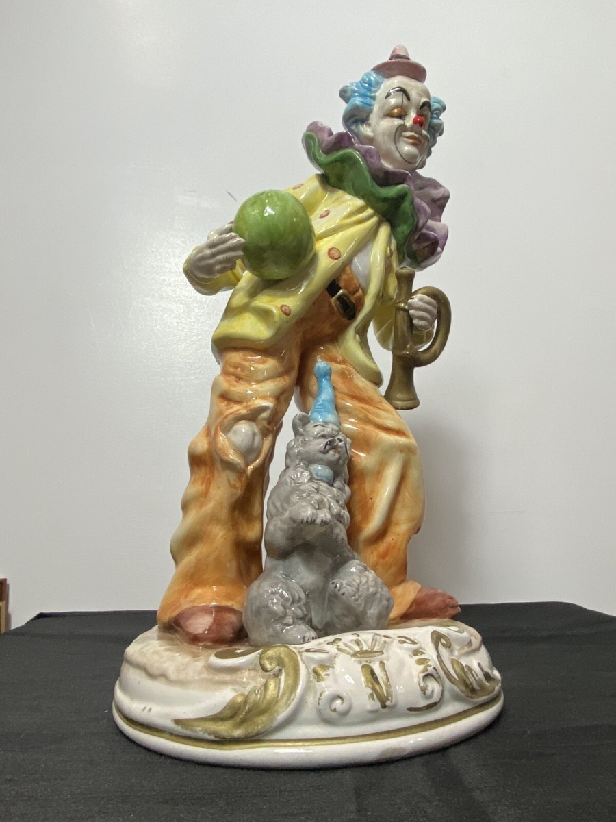 Magnificent Large Capodimonte Bright Glazed Clown Figurine With Dog Companion