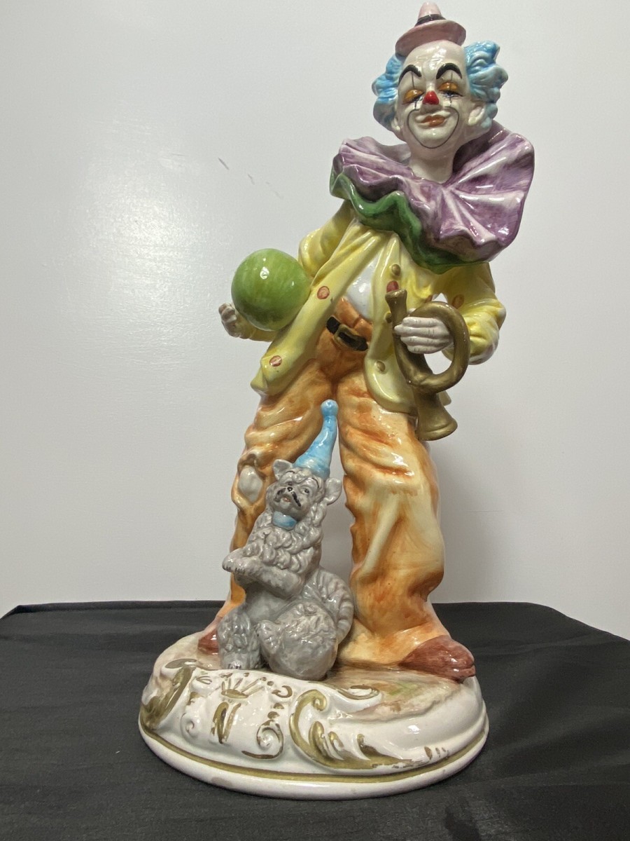 Magnificent Large Capodimonte Bright Glazed Clown Figurine With Dog Companion