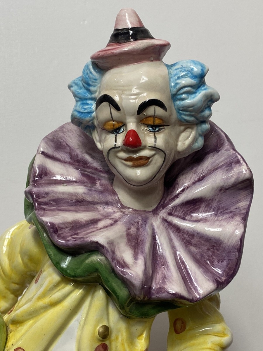 Magnificent Large Capodimonte Bright Glazed Clown Figurine With Dog Companion