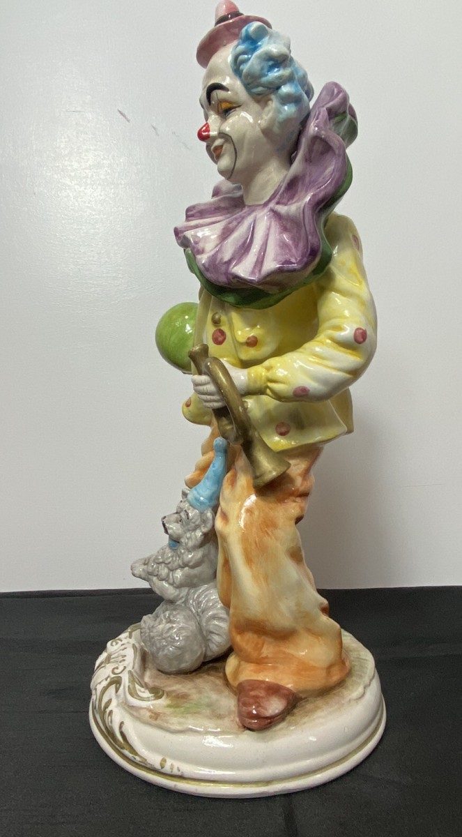 Magnificent Large Capodimonte Bright Glazed Clown Figurine With Dog Companion