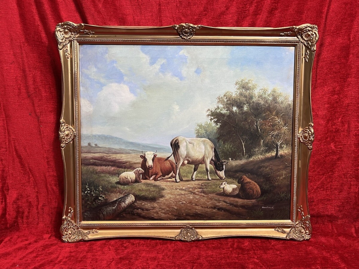 Primary image for Fine Oil Painting Of Horned Cattle Grazing & Sheep In Landscape Signed Woodcock