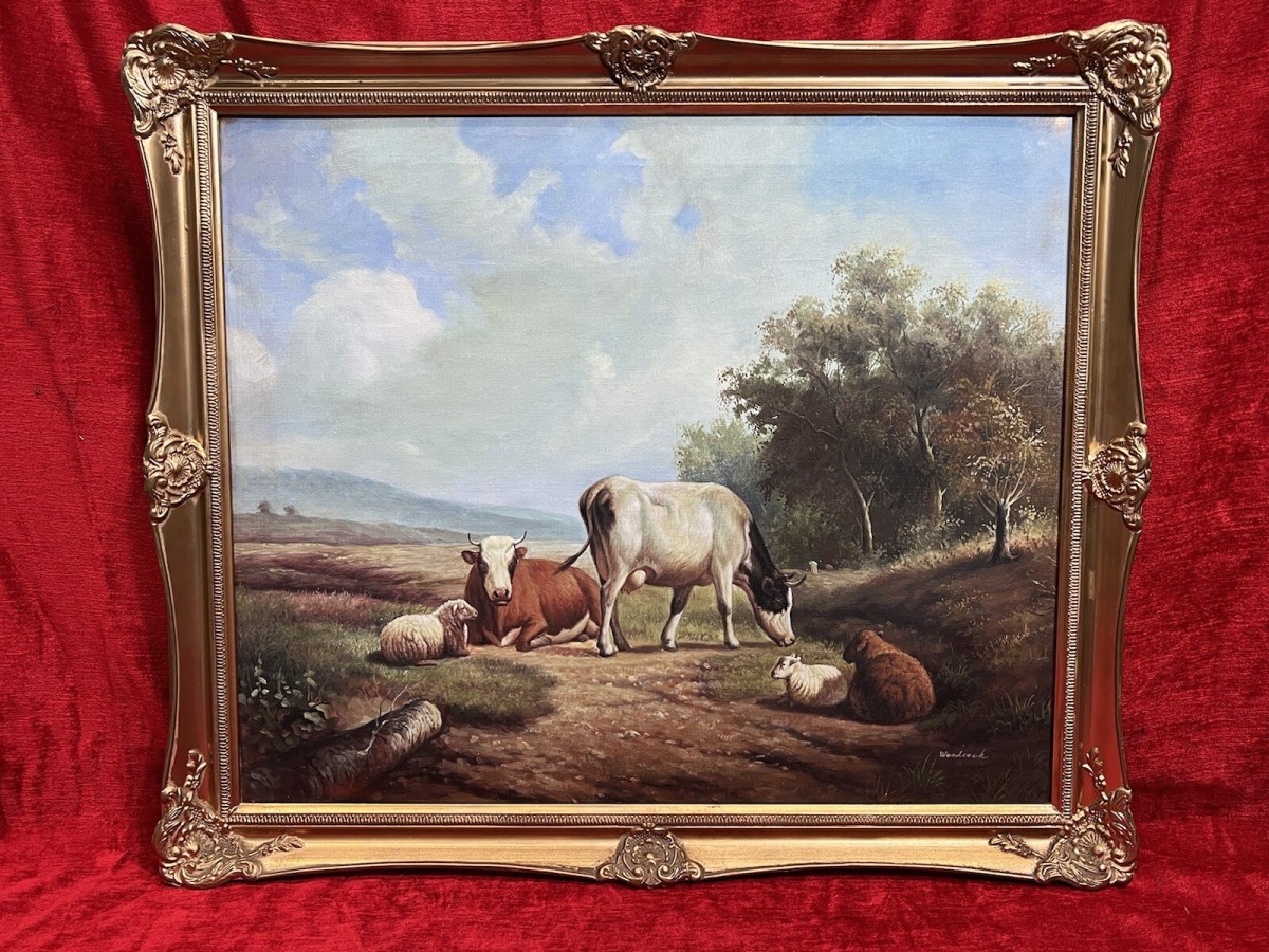 Fine Oil Painting Of Horned Cattle Grazing & Sheep In Landscape Signed Woodcock