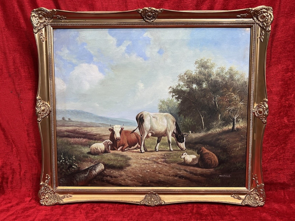 Fine Oil Painting Of Horned Cattle Grazing & Sheep In Landscape Signed Woodcock