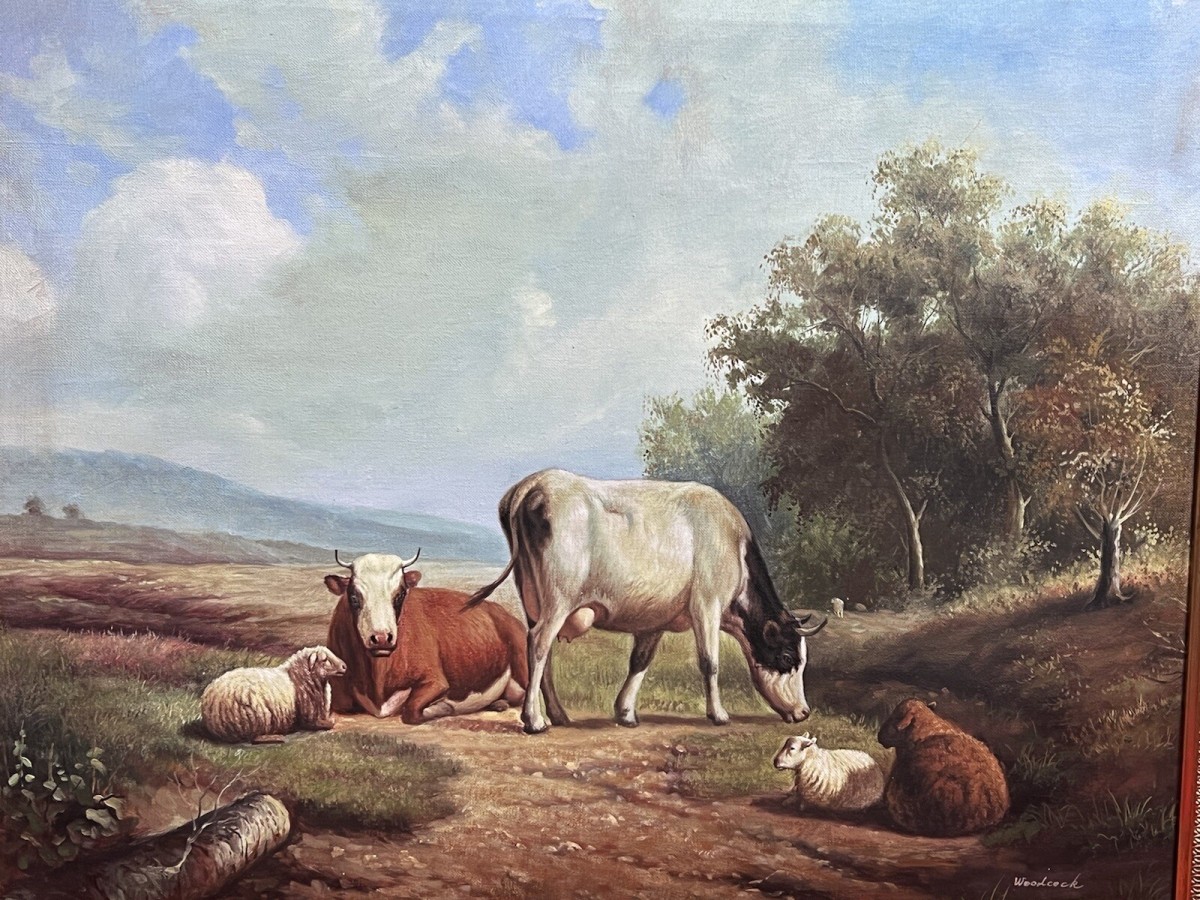 Fine Oil Painting Of Horned Cattle Grazing & Sheep In Landscape Signed Woodcock