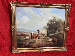 Fine British Oil Painting Of Horned Cattle Grazing With Sheep In Landscape Signed by Artist Woodcock Circa -1970 Composition - Oil On Canvas Listing Description Wonderful Vivid British Countryside Scene, With Central View of Horned Cattle Grazing Alongside Resting Sheep. Delightfully Painted by Accomplished Hand In The Manner Of Artist Thomas Sidney Cooper With Bright Sun And Intense Shadows, Native Trees (Right Side) And Great Perspective. Signed By British Artist Woodcock And Set Inside Ornate Gilt Wood Frame. Dimension In Inches Height 23.5" X Width 27.5"