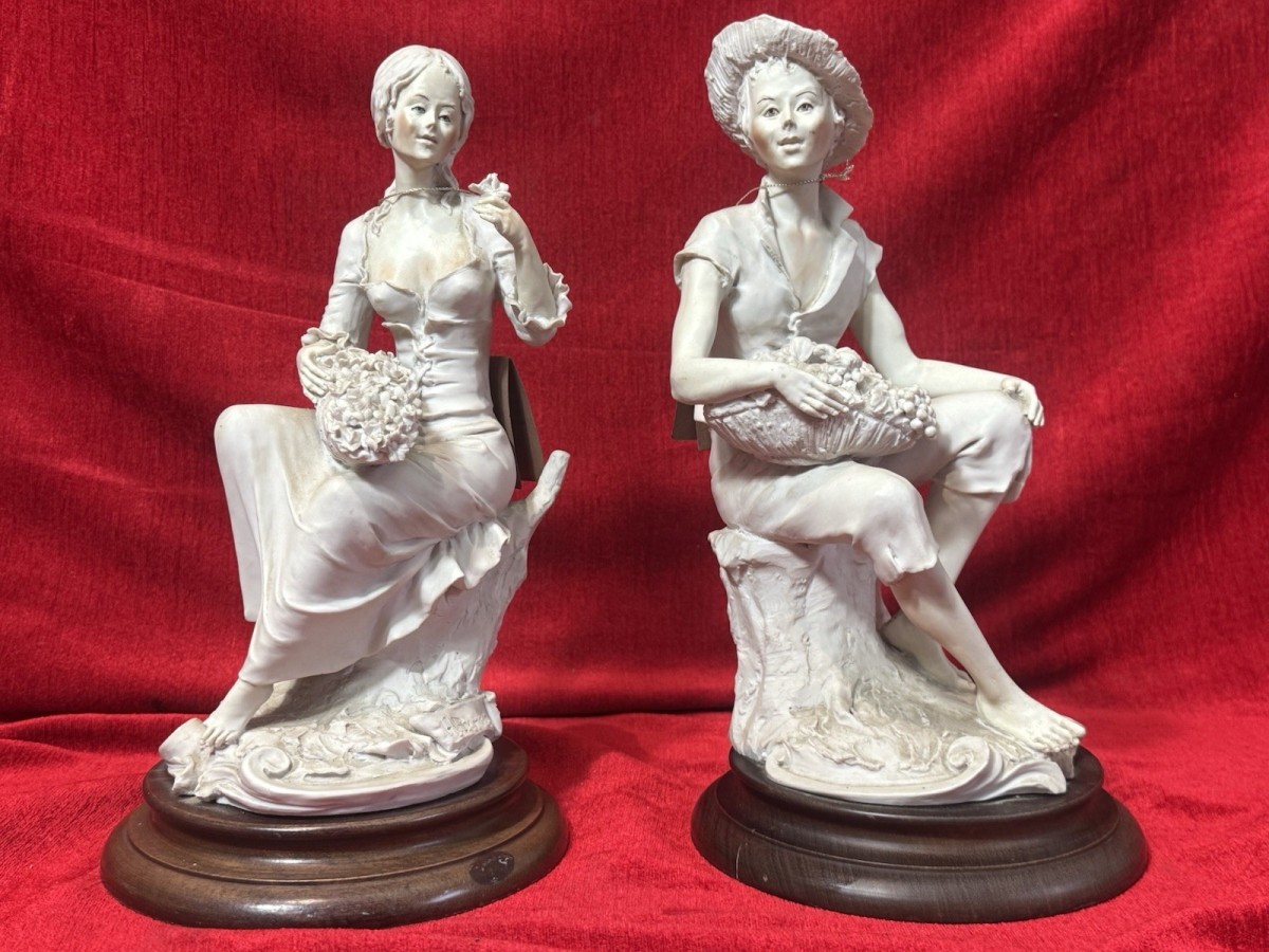 Pair Male/female Capodimonte Style Figurines On Wood Plinths