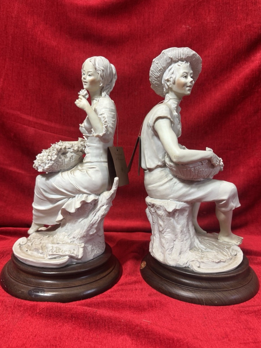 Pair Male/female Capodimonte Style Figurines On Wood Plinths