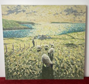 Irish 20th Century Contemporary Artist Simon MacLeod Landscape Oil Painting On Canvas Circa - 20th Century Composition - Oil On Canvas Artwork Title - Malinmor Co Donegal Subject ; Rolling Hills Landscape With Single Figure And Sheep. Richly Painted Artwork Reminiscent Of The French The Pointillist Style. A Scene Of Rolling Hills With Hedgerows And Figure With Five Sheep In The Forefront. Sea View And Headland In The Background With Wonderful Illumination Of The Sunset Over The Landscape. Stunning Perspective And An Exceptional Quality Artwork. MacLeod's Artworks Are Sold At Many Prestigious Galleries And Auction Rooms All Over The World Commanding An Impressive Following A Matching Price Range. Wonderful Collectors Item. Painted Upon Stretched Canvas And Signed By Artist (Bottom Right Corner) Monogramed On The Back By The Artist. Brief Artist History Born In 1956 McLeod Graduated In Fine Art In Irelands national College Of Art And Design. Now A Worldwide Known Artist Simon MacLoed's Artworks Are Described As Fragile And Subtle Masterpieces. He Uses Delicate Brushwork In Muted Earth Tones To Create a Style Of Artwork Reminiscent Of The French Pointillists. These Delicately Painted Points Fues Together Creating Brilliant Canvases That Tell Many A Story. The Effects Of Light Play A Major Role In MacLeod's Work And Although Described As Subtle And Fragile They Make A Huge Statement And Impact. His Style Is Truly Unique And Regarded. Simon MacLeod Has Stacked Up Many Awards For His Oil Painting Including 'The Royal Trust Of Canada Award'. Simon MacLeod Has Exhibited His Artwork At Major Public Collections Including Bank Of Ireland, Royal Hospital, The Office Of Public Works And The Dublin Writers Centre At Parnell Square. In Recent Year's MacLeod Has Represented Ireland At The Contemporary Irish Art Exhibition In London, Art Expo New York, Art Sydney Australia And The Beijing Art Salon China.