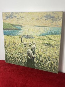 Irish 20th Century Contemporary Artist Simon MacLeod Landscape Oil Painting On Canvas Circa - 20th Century Composition - Oil On Canvas Artwork Title - Malinmor Co Donegal Subject ; Rolling Hills Landscape With Single Figure And Sheep. Richly Painted Artwork Reminiscent Of The French The Pointillist Style. A Scene Of Rolling Hills With Hedgerows And Figure With Five Sheep In The Forefront. Sea View And Headland In The Background With Wonderful Illumination Of The Sunset Over The Landscape. Stunning Perspective And An Exceptional Quality Artwork. MacLeod's Artworks Are Sold At Many Prestigious Galleries And Auction Rooms All Over The World Commanding An Impressive Following A Matching Price Range. Wonderful Collectors Item. Painted Upon Stretched Canvas And Signed By Artist (Bottom Right Corner) Monogramed On The Back By The Artist. Brief Artist History Born In 1956 McLeod Graduated In Fine Art In Irelands national College Of Art And Design. Now A Worldwide Known Artist Simon MacLoed's Artworks Are Described As Fragile And Subtle Masterpieces. He Uses Delicate Brushwork In Muted Earth Tones To Create a Style Of Artwork Reminiscent Of The French Pointillists. These Delicately Painted Points Fues Together Creating Brilliant Canvases That Tell Many A Story. The Effects Of Light Play A Major Role In MacLeod's Work And Although Described As Subtle And Fragile They Make A Huge Statement And Impact. His Style Is Truly Unique And Regarded. Simon MacLeod Has Stacked Up Many Awards For His Oil Painting Including 'The Royal Trust Of Canada Award'. Simon MacLeod Has Exhibited His Artwork At Major Public Collections Including Bank Of Ireland, Royal Hospital, The Office Of Public Works And The Dublin Writers Centre At Parnell Square. In Recent Year's MacLeod Has Represented Ireland At The Contemporary Irish Art Exhibition In London, Art Expo New York, Art Sydney Australia And The Beijing Art Salon China.