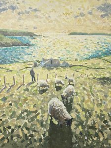 Irish 20th Century Contemporary Artist Simon MacLeod Landscape Oil Painting On Canvas Circa - 20th Century Composition - Oil On Canvas Artwork Title - Malinmor Co Donegal Subject ; Rolling Hills Landscape With Single Figure And Sheep. Richly Painted Artwork Reminiscent Of The French The Pointillist Style. A Scene Of Rolling Hills With Hedgerows And Figure With Five Sheep In The Forefront. Sea View And Headland In The Background With Wonderful Illumination Of The Sunset Over The Landscape. Stunning Perspective And An Exceptional Quality Artwork. MacLeod's Artworks Are Sold At Many Prestigious Galleries And Auction Rooms All Over The World Commanding An Impressive Following A Matching Price Range. Wonderful Collectors Item. Painted Upon Stretched Canvas And Signed By Artist (Bottom Right Corner) Monogramed On The Back By The Artist. Brief Artist History Born In 1956 McLeod Graduated In Fine Art In Irelands national College Of Art And Design. Now A Worldwide Known Artist Simon MacLoed's Artworks Are Described As Fragile And Subtle Masterpieces. He Uses Delicate Brushwork In Muted Earth Tones To Create a Style Of Artwork Reminiscent Of The French Pointillists. These Delicately Painted Points Fues Together Creating Brilliant Canvases That Tell Many A Story. The Effects Of Light Play A Major Role In MacLeod's Work And Although Described As Subtle And Fragile They Make A Huge Statement And Impact. His Style Is Truly Unique And Regarded. Simon MacLeod Has Stacked Up Many Awards For His Oil Painting Including 'The Royal Trust Of Canada Award'. Simon MacLeod Has Exhibited His Artwork At Major Public Collections Including Bank Of Ireland, Royal Hospital, The Office Of Public Works And The Dublin Writers Centre At Parnell Square. In Recent Year's MacLeod Has Represented Ireland At The Contemporary Irish Art Exhibition In London, Art Expo New York, Art Sydney Australia And The Beijing Art Salon China.