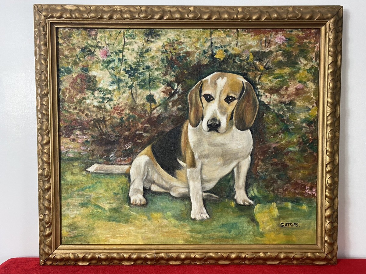 Primary image for Charming Oil Portrait Of Beagle Dog With Floral Background Signed