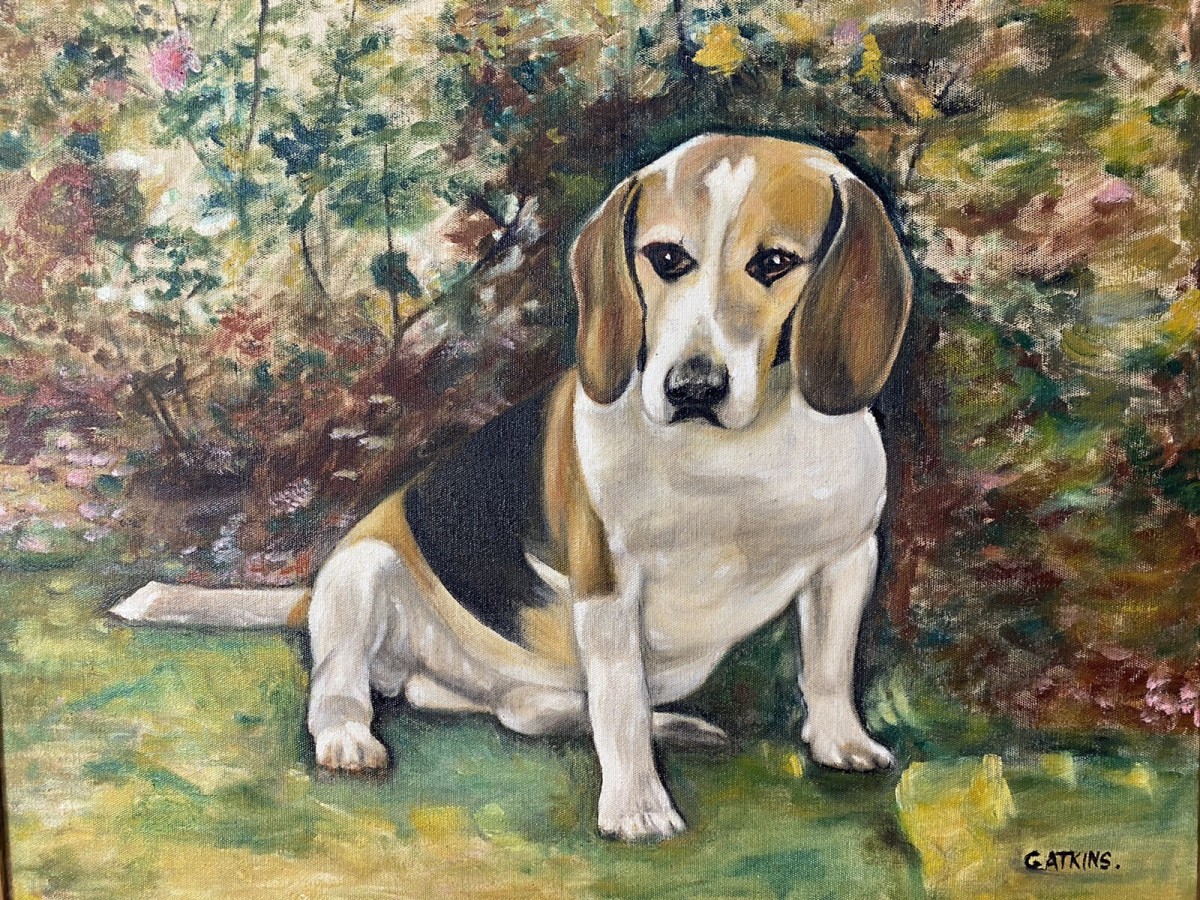 Charming Oil Portrait Of Beagle Dog With Floral Background Signed