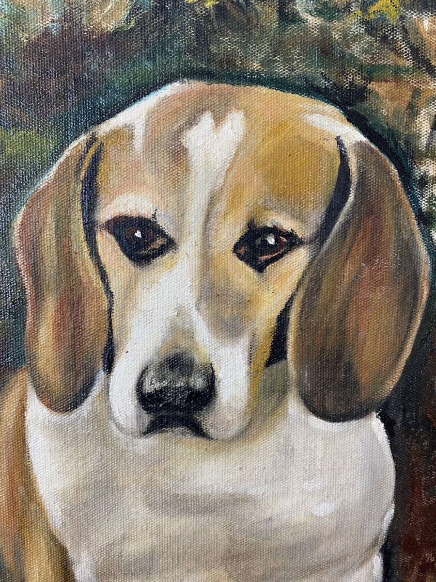 Charming Oil Portrait Of Beagle Dog With Floral Background Signed