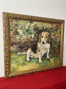 Charming Contemporary Oil Portrait Of Beagle Dog With Floral Background Signed Circa - Vintage Composition - Oil On Canvas Interesting Dog Lovers Composition Of White And Tan Beagle Dog Sitting In Garden Next To Meadow Flower Boarder. A Very Bright Composition With Fine Details Of The Dogs Eyes, Face And Coat. Signed By Artist (Right Bottom Corner) And Set In Giltwood Frame. Dimensions In Inches Height 23 3/4 Width 27 3/4"