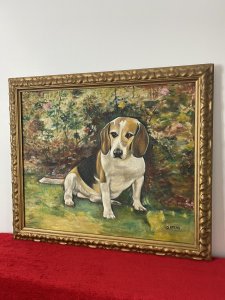 Charming Contemporary Oil Portrait Of Beagle Dog With Floral Background Signed Circa - Vintage Composition - Oil On Canvas Interesting Dog Lovers Composition Of White And Tan Beagle Dog Sitting In Garden Next To Meadow Flower Boarder. A Very Bright Composition With Fine Details Of The Dogs Eyes, Face And Coat. Signed By Artist (Right Bottom Corner) And Set In Giltwood Frame. Dimensions In Inches Height 23 3/4 Width 27 3/4"