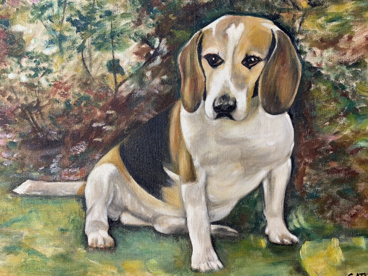 Charming Oil Portrait Of Beagle Dog With Floral Background Signed