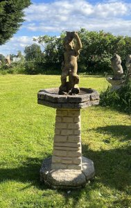 Sandford Stone Castle Turret Garden Bird Bath With Central Cherub Pinnacle Circa Vintage Composition- Reconstituted Stone Listing Description Architectural Stonework Style Castle Turret Bird Bath, With Octagonal Bird Bath Shaped Top And Base Pediment. Central Cherub Statue Pinnacle. Base Signed Sandford Stone. Dimensions In cm Height 101cm X width 39cm Top/Base