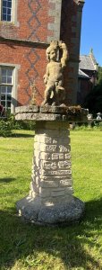 Sandford Stone Castle Turret Garden Bird Bath With Central Cherub Pinnacle Circa Vintage Composition- Reconstituted Stone Listing Description Architectural Stonework Style Castle Turret Bird Bath, With Octagonal Bird Bath Shaped Top And Base Pediment. Central Cherub Statue Pinnacle. Base Signed Sandford Stone. Dimensions In cm Height 101cm X width 39cm Top/Base
