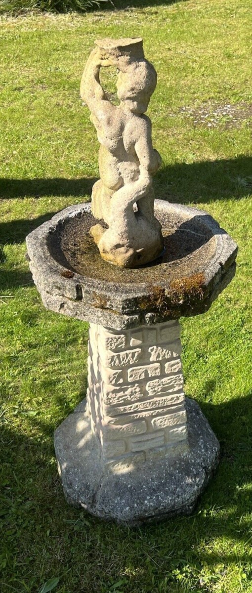 Vintage Garden Sandford Stone Castle Turret Bird Bath With Cherub Pinnacle