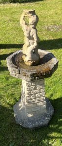 Sandford Stone Castle Turret Garden Bird Bath With Central Cherub Pinnacle Circa Vintage Composition- Reconstituted Stone Listing Description Architectural Stonework Style Castle Turret Bird Bath, With Octagonal Bird Bath Shaped Top And Base Pediment. Central Cherub Statue Pinnacle. Base Signed Sandford Stone. Dimensions In cm Height 101cm X width 39cm Top/Base