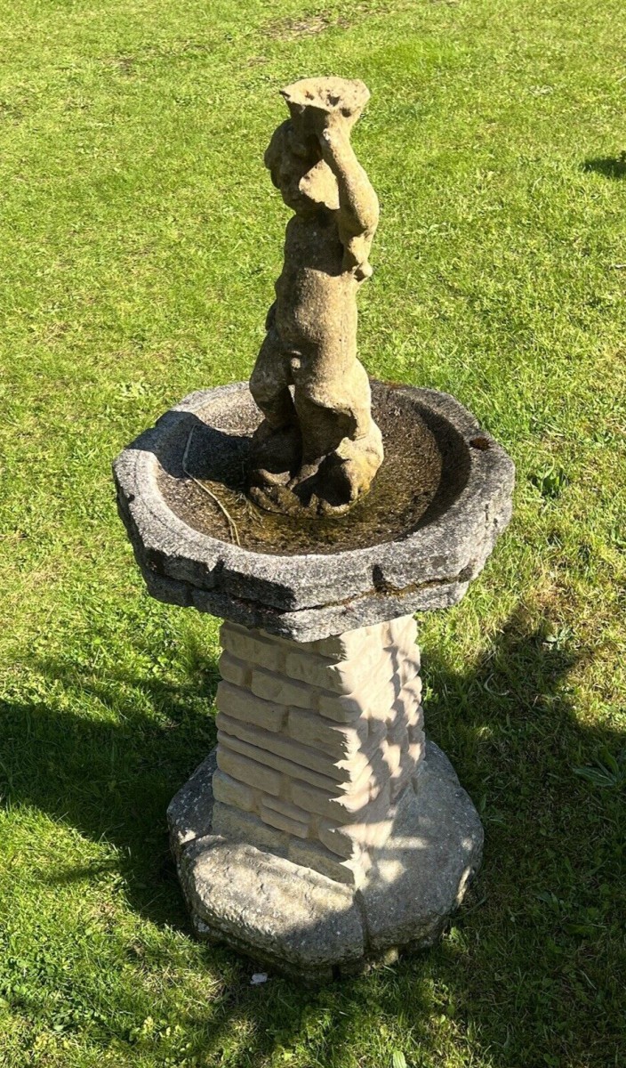Vintage Garden Sandford Stone Castle Turret Bird Bath With Cherub Pinnacle