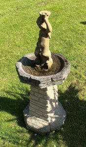 Sandford Stone Castle Turret Garden Bird Bath With Central Cherub Pinnacle Circa Vintage Composition- Reconstituted Stone Listing Description Architectural Stonework Style Castle Turret Bird Bath, With Octagonal Bird Bath Shaped Top And Base Pediment. Central Cherub Statue Pinnacle. Base Signed Sandford Stone. Dimensions In cm Height 101cm X width 39cm Top/Base