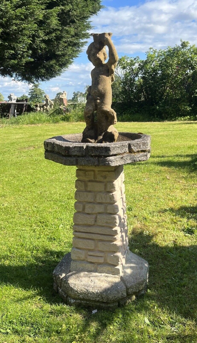Vintage Garden Sandford Stone Castle Turret Bird Bath With Cherub Pinnacle
