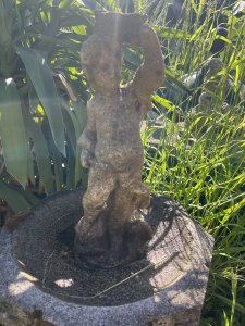 Sandford Stone Castle Turret Garden Bird Bath With Central Cherub Pinnacle Circa Vintage Composition- Reconstituted Stone Listing Description Architectural Stonework Style Castle Turret Bird Bath, With Octagonal Bird Bath Shaped Top And Base Pediment. Central Cherub Statue Pinnacle. Base Signed Sandford Stone. Dimensions In cm Height 101cm X width 39cm Top/Base