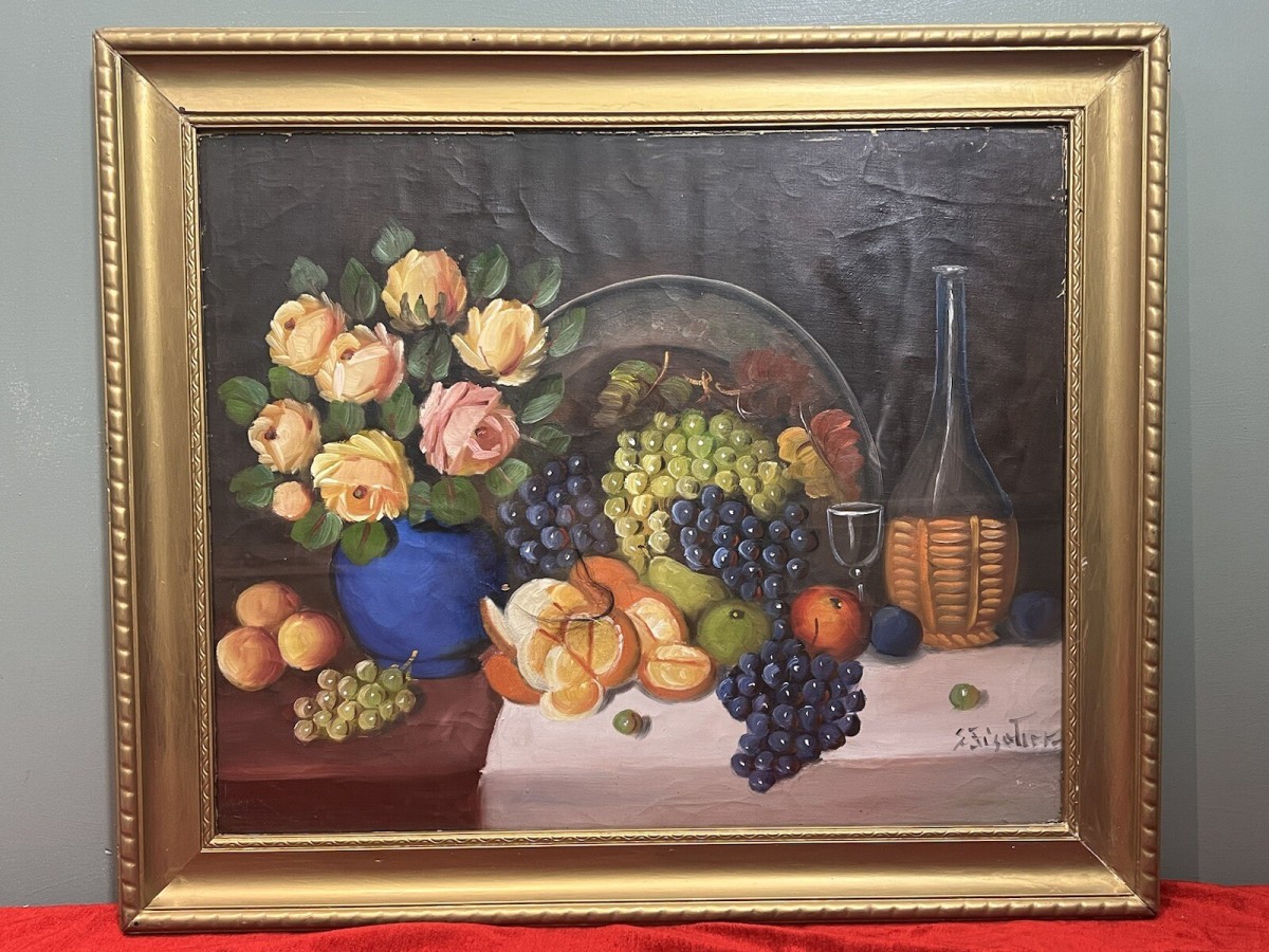 Primary image for Antique French School Still Life 'rose Bouquet And Fruits' Oil Painting