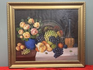 Antique Original French School Still Life Of Rose Bouquet And Fruits Signed by Artist E FISATIRRE Circa - 1970 Composition - Oil On Canvas Listing Description Wonderful Table Top Still Life Display With Rose Bouquet, Pewter Plate And Abundant Mound Of Fruit. Vibrant Hues And Stylistic Painting Style. Signed By Artist E Fisatirre And Set Inside Gilt Frame. Dimensions In Cms Height 58cm x Width 68cm