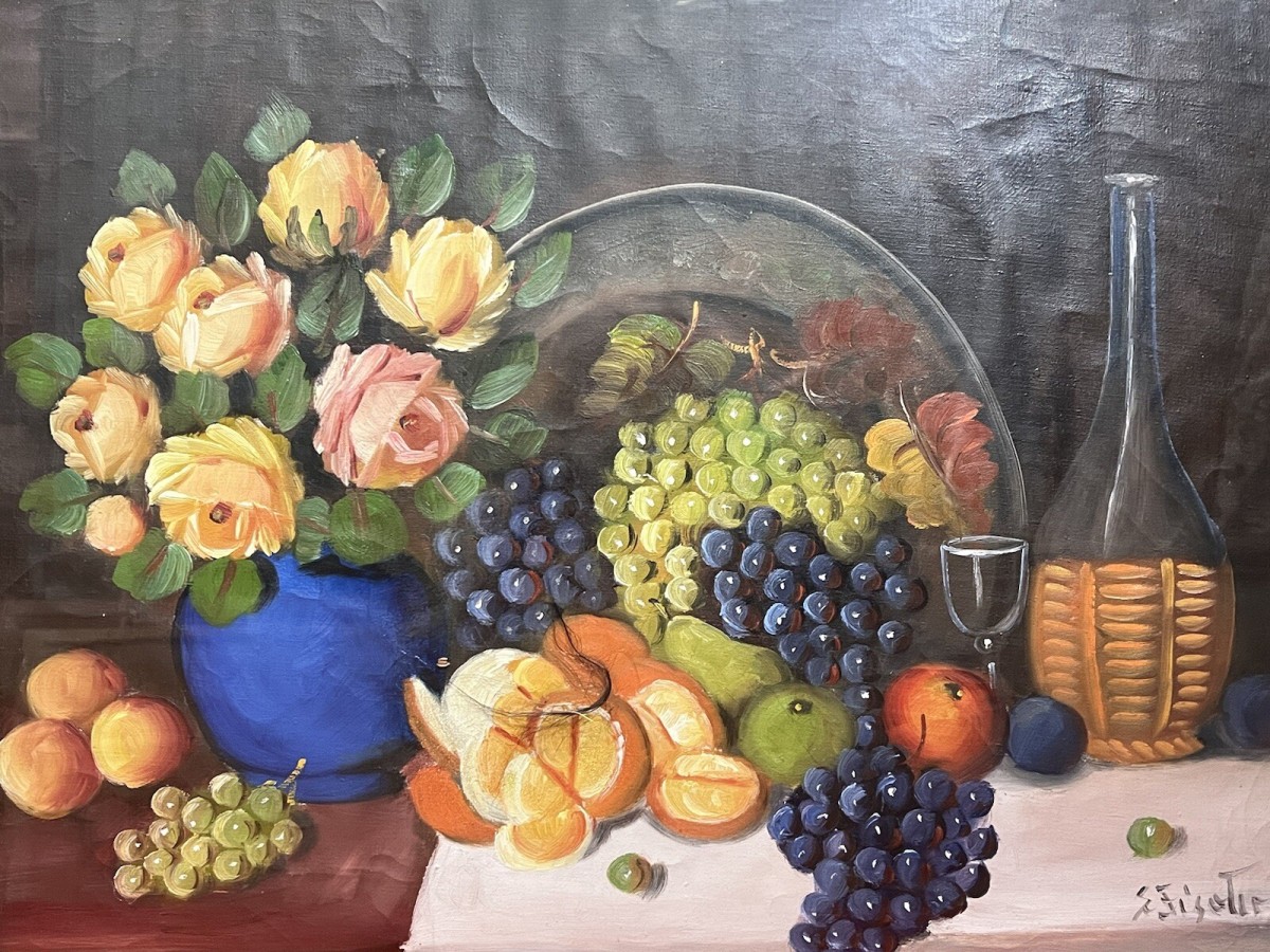 Antique French School Still Life 'rose Bouquet And Fruits' Oil Painting