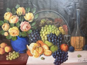 Antique Original French School Still Life Of Rose Bouquet And Fruits Signed by Artist E FISATIRRE Circa - 1970 Composition - Oil On Canvas Listing Description Wonderful Table Top Still Life Display With Rose Bouquet, Pewter Plate And Abundant Mound Of Fruit. Vibrant Hues And Stylistic Painting Style. Signed By Artist E Fisatirre And Set Inside Gilt Frame. Dimensions In Cms Height 58cm x Width 68cm