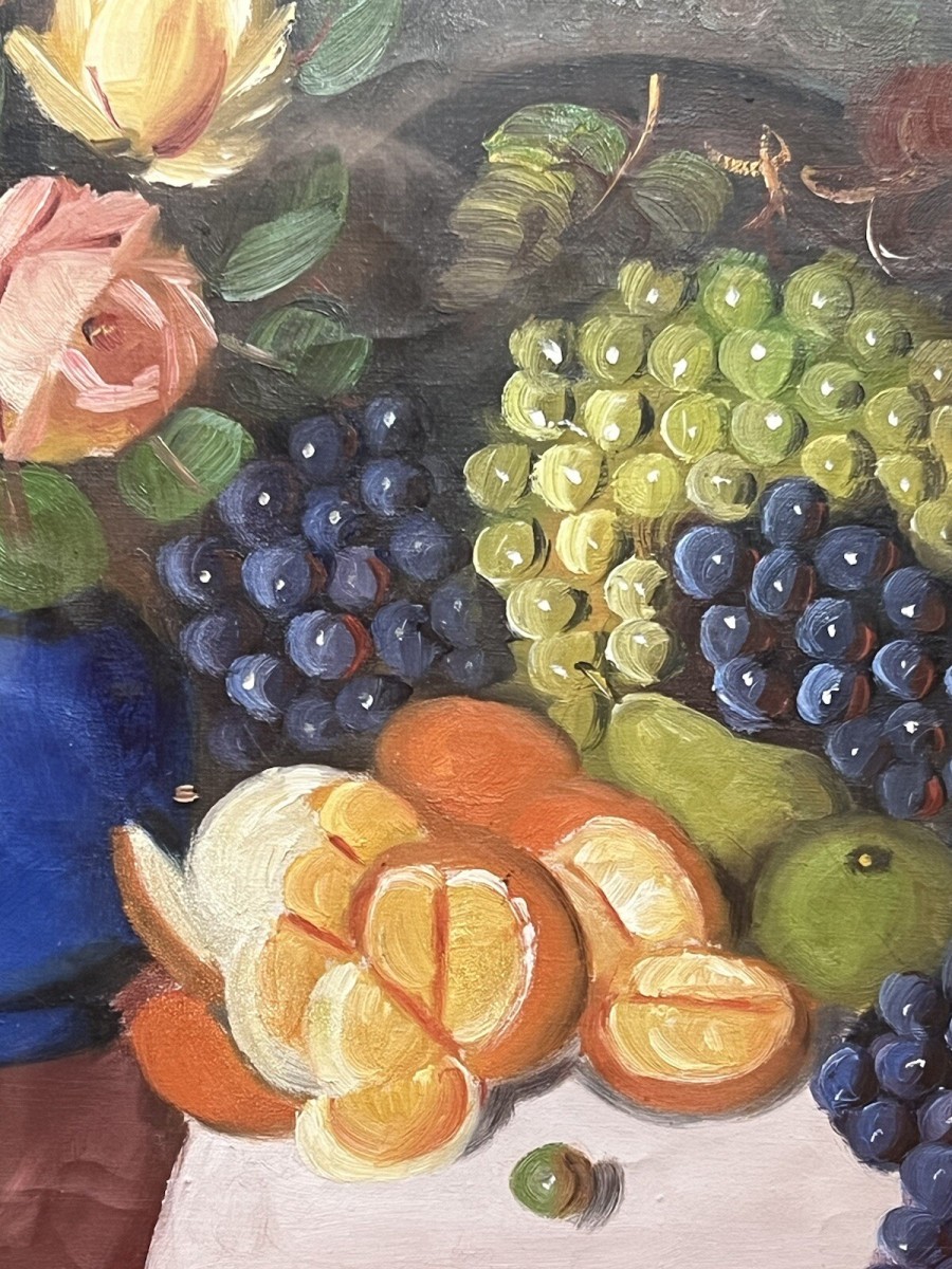 Antique French School Still Life 'rose Bouquet And Fruits' Oil Painting