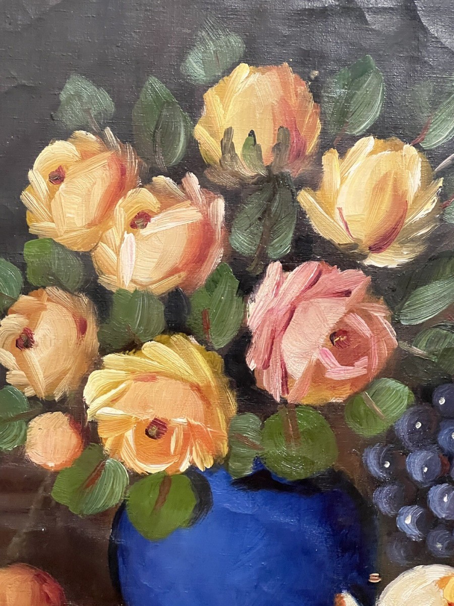 Antique French School Still Life 'rose Bouquet And Fruits' Oil Painting