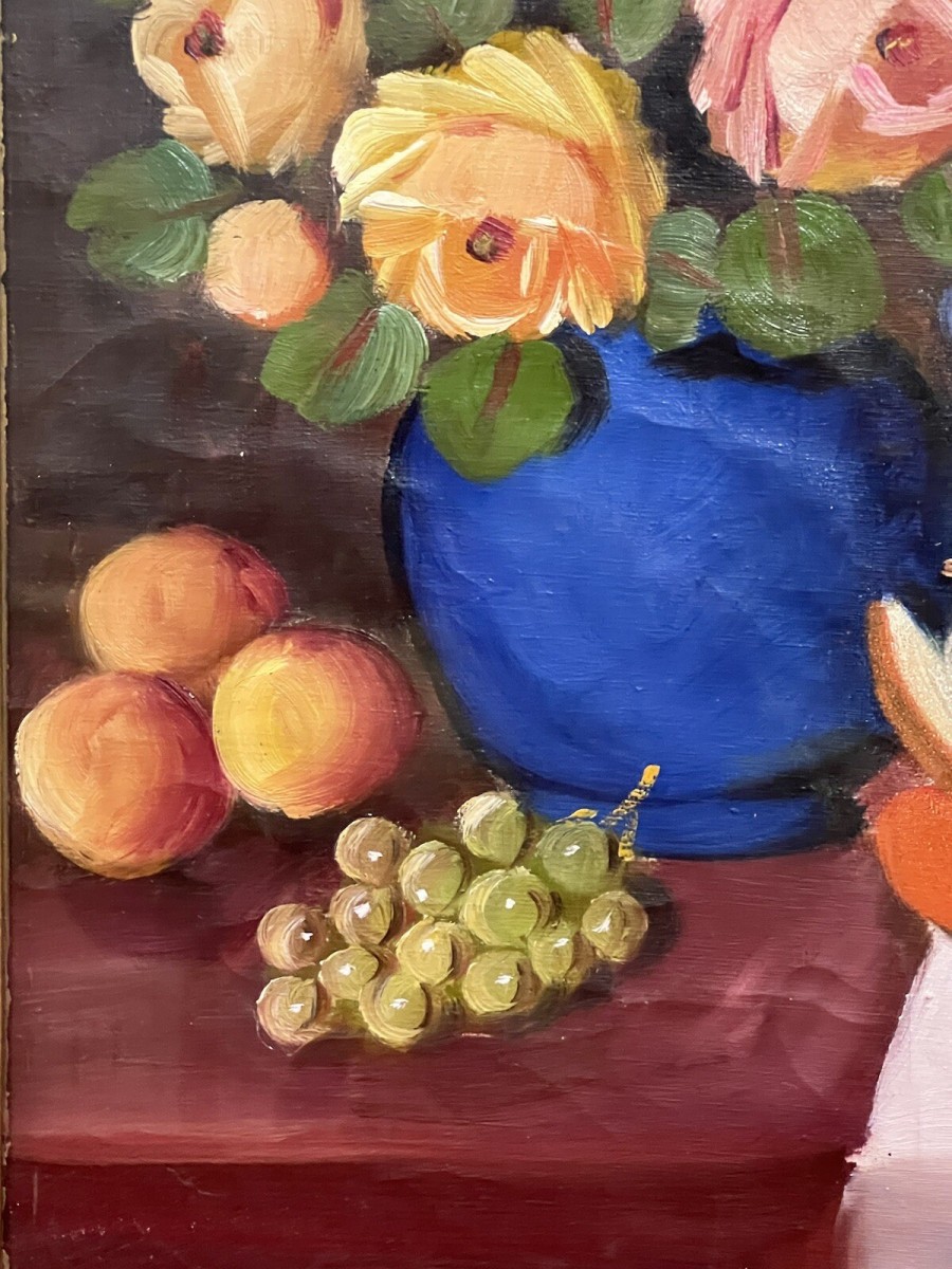 Antique French School Still Life 'rose Bouquet And Fruits' Oil Painting