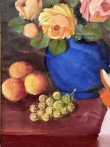 Antique Original French School Still Life Of Rose Bouquet And Fruits Signed by Artist E FISATIRRE Circa - 1970 Composition - Oil On Canvas Listing Description Wonderful Table Top Still Life Display With Rose Bouquet, Pewter Plate And Abundant Mound Of Fruit. Vibrant Hues And Stylistic Painting Style. Signed By Artist E Fisatirre And Set Inside Gilt Frame. Dimensions In Cms Height 58cm x Width 68cm