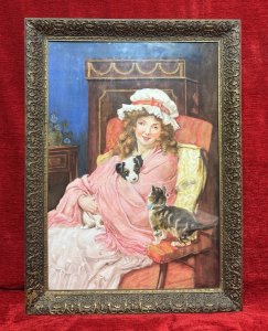 After George Sheridan Knowles Titled Making Friends Watercolour Signed Circa -1960 Composition - Watercolour On Artist Board Listing Description Wonderful Romanticised Watercolour Painting After George Sheridan Knowles (1863-1931) The Scene Depicts A Beautiful Interior Scene With Very Particular French Furniture. A Young Lady With Large White Bonnet Sits Smiling At The Viewer. She Holds A Puppy Whilst A Tabby Kitten Looks Up For Affection. Beautifully Executed Artwork By The Hand OF Accomplished Artist. Signed Bart (Right Bottom Corner) And Set In Ornate Glazed Gilt Wood Frame. Dimensions In Cms Height 51.5cm X Width 41.5cm