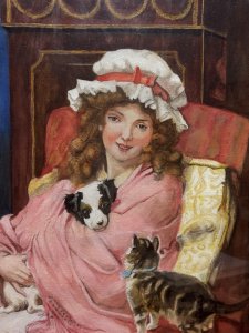 After George Sheridan Knowles Titled Making Friends Watercolour Signed Circa -1960 Composition - Watercolour On Artist Board Listing Description Wonderful Romanticised Watercolour Painting After George Sheridan Knowles (1863-1931) The Scene Depicts A Beautiful Interior Scene With Very Particular French Furniture. A Young Lady With Large White Bonnet Sits Smiling At The Viewer. She Holds A Puppy Whilst A Tabby Kitten Looks Up For Affection. Beautifully Executed Artwork By The Hand OF Accomplished Artist. Signed Bart (Right Bottom Corner) And Set In Ornate Glazed Gilt Wood Frame. Dimensions In Cms Height 51.5cm X Width 41.5cm