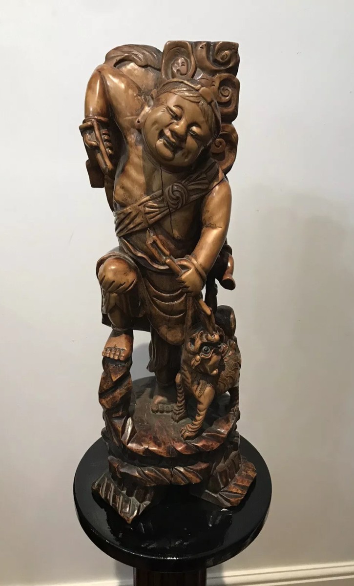 Primary image for Late 19th Century Oriental Chinese Foo Man Sculpture Carved In Fruitwood