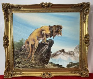 20th Century Lion Oil Artwork 'Leader Of The Pride' Signed J Thompson Circa - Late 20th Century Composition - Oil On Canvas Artwork Title - Leader of The Pride Listing Description Fine Quality Animal Artwork Depicting Large African Mature Male Lion Perched Upon Protruding Rock, On The Look Out For Prey. Wonderful Detail & Perspective With Mountainous Landscape Background. Signed By Artist J Thompson Dimensions In Inches Height 25.5" Width 29.5"