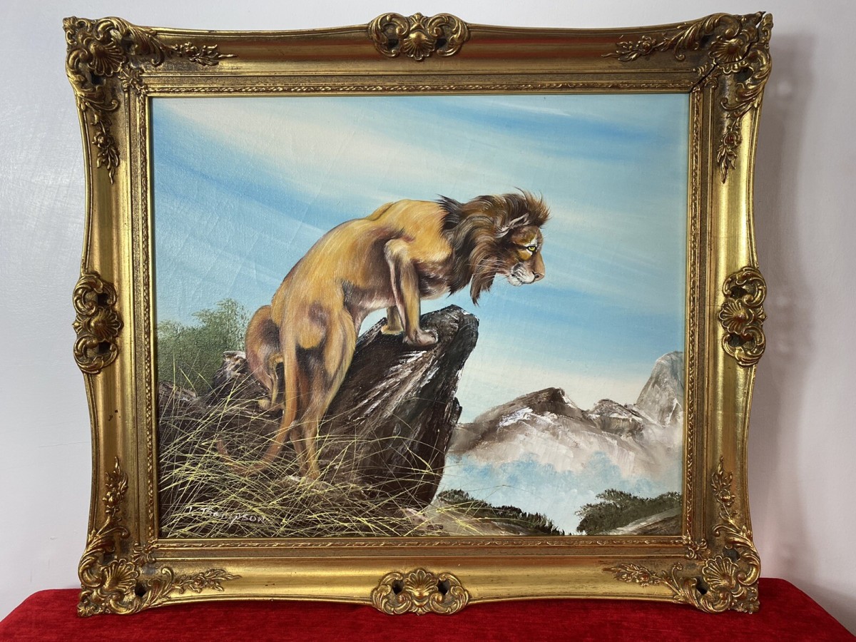 20th Century Lion Oil Artwork 'leader Of The Pride' Signed J Thompson