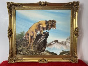 20th Century Lion Oil Artwork 'Leader Of The Pride' Signed J Thompson Circa - Late 20th Century Composition - Oil On Canvas Artwork Title - Leader of The Pride Listing Description Fine Quality Animal Artwork Depicting Large African Mature Male Lion Perched Upon Protruding Rock, On The Look Out For Prey. Wonderful Detail & Perspective With Mountainous Landscape Background. Signed By Artist J Thompson Dimensions In Inches Height 25.5" Width 29.5"