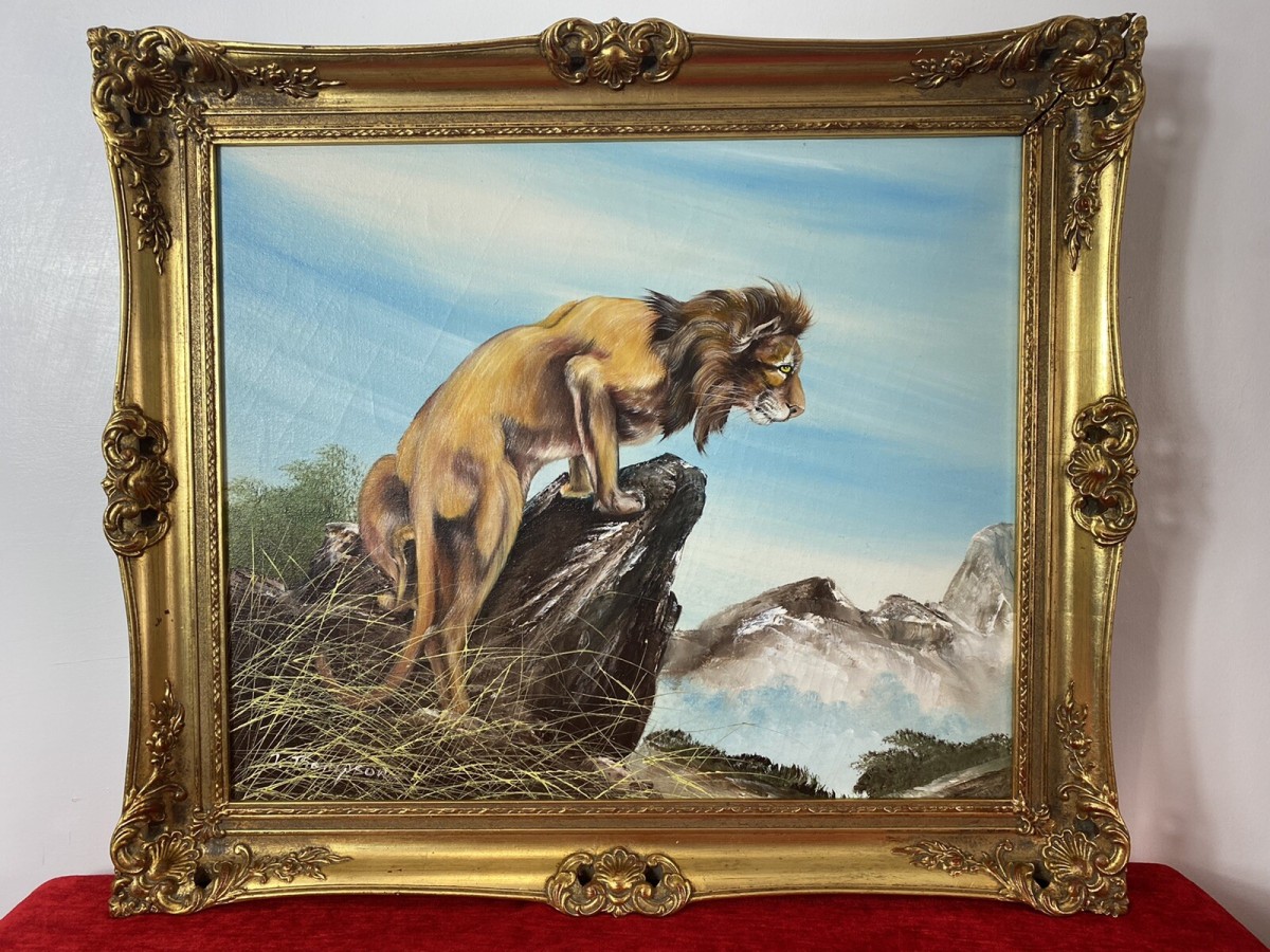 20th Century Lion Oil Artwork 'leader Of The Pride' Signed J Thompson