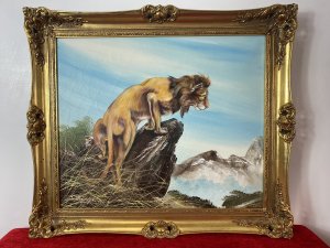 20th Century Lion Oil Artwork 'Leader Of The Pride' Signed J Thompson Circa - Late 20th Century Composition - Oil On Canvas Artwork Title - Leader of The Pride Listing Description Fine Quality Animal Artwork Depicting Large African Mature Male Lion Perched Upon Protruding Rock, On The Look Out For Prey. Wonderful Detail & Perspective With Mountainous Landscape Background. Signed By Artist J Thompson Dimensions In Inches Height 25.5" Width 29.5"