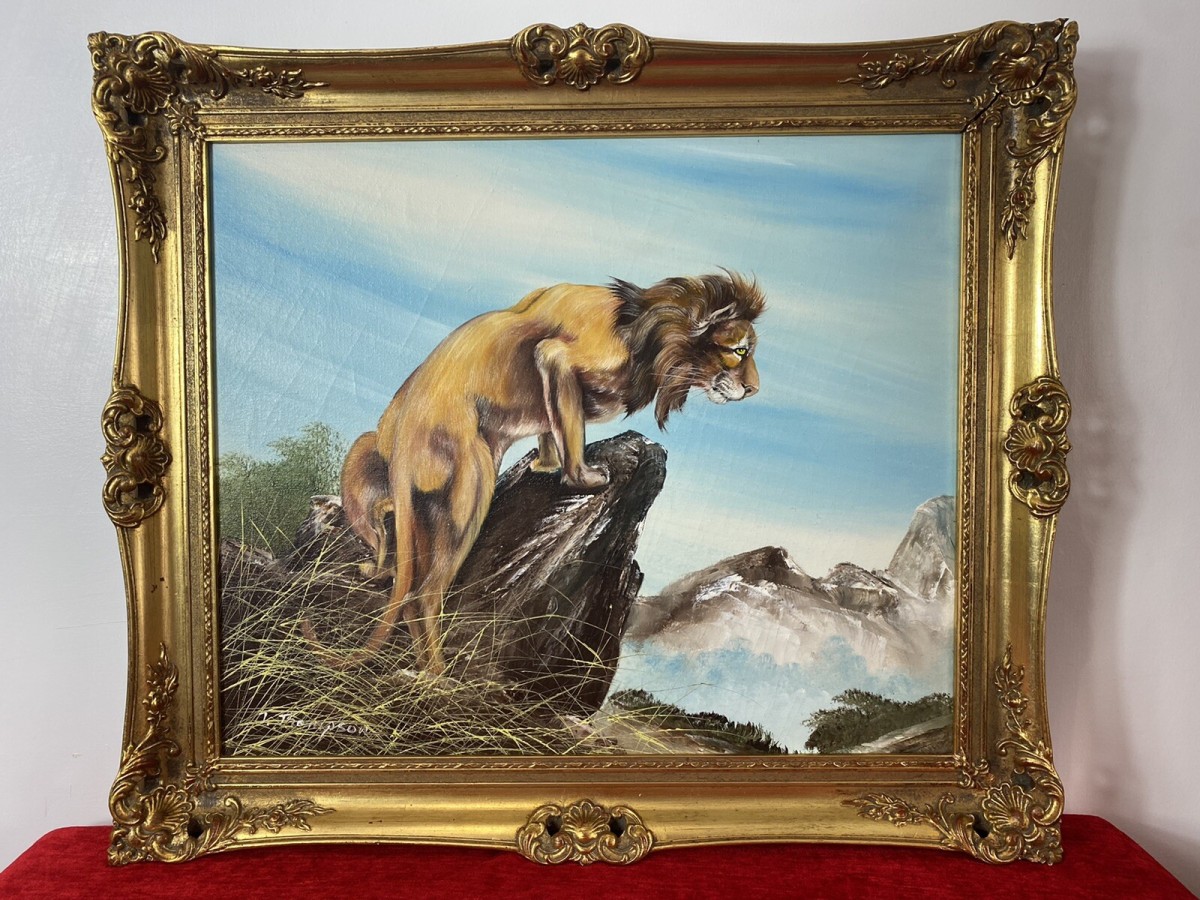 20th Century Lion Oil Artwork 'leader Of The Pride' Signed J Thompson