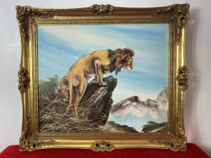 20th Century Lion Oil Artwork 'Leader Of The Pride' Signed J Thompson Circa - Late 20th Century Composition - Oil On Canvas Artwork Title - Leader of The Pride Listing Description Fine Quality Animal Artwork Depicting Large African Mature Male Lion Perched Upon Protruding Rock, On The Look Out For Prey. Wonderful Detail & Perspective With Mountainous Landscape Background. Signed By Artist J Thompson Dimensions In Inches Height 25.5" Width 29.5"