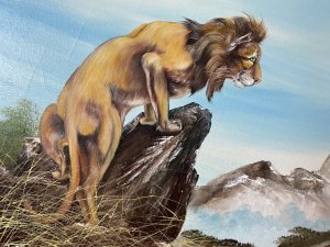 20th Century Lion Oil Artwork 'Leader Of The Pride' Signed J Thompson Circa - Late 20th Century Composition - Oil On Canvas Artwork Title - Leader of The Pride Listing Description Fine Quality Animal Artwork Depicting Large African Mature Male Lion Perched Upon Protruding Rock, On The Look Out For Prey. Wonderful Detail & Perspective With Mountainous Landscape Background. Signed By Artist J Thompson Dimensions In Inches Height 25.5" Width 29.5"