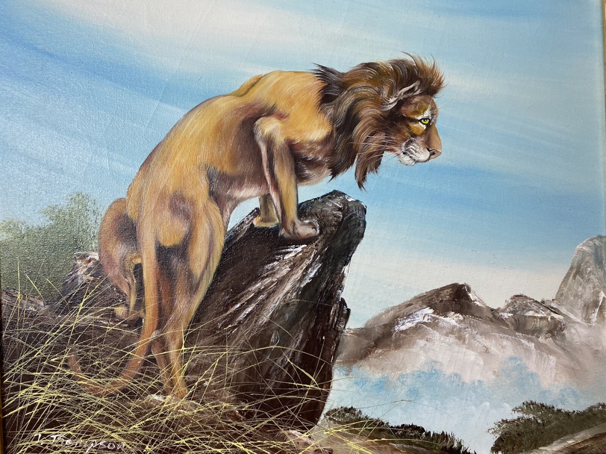 20th Century Lion Oil Artwork 'leader Of The Pride' Signed J Thompson