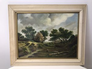 German School Vintage Hilly Landscape Oil Painting Signed By Artist H V Reugde Dated 1983 Subject: Hilly Scene, Dark Clouds With 3 Figures With Good Perspective Pleasing To The Eye Wood Frame Dimensions In Inches Height 16” Width 19.5”